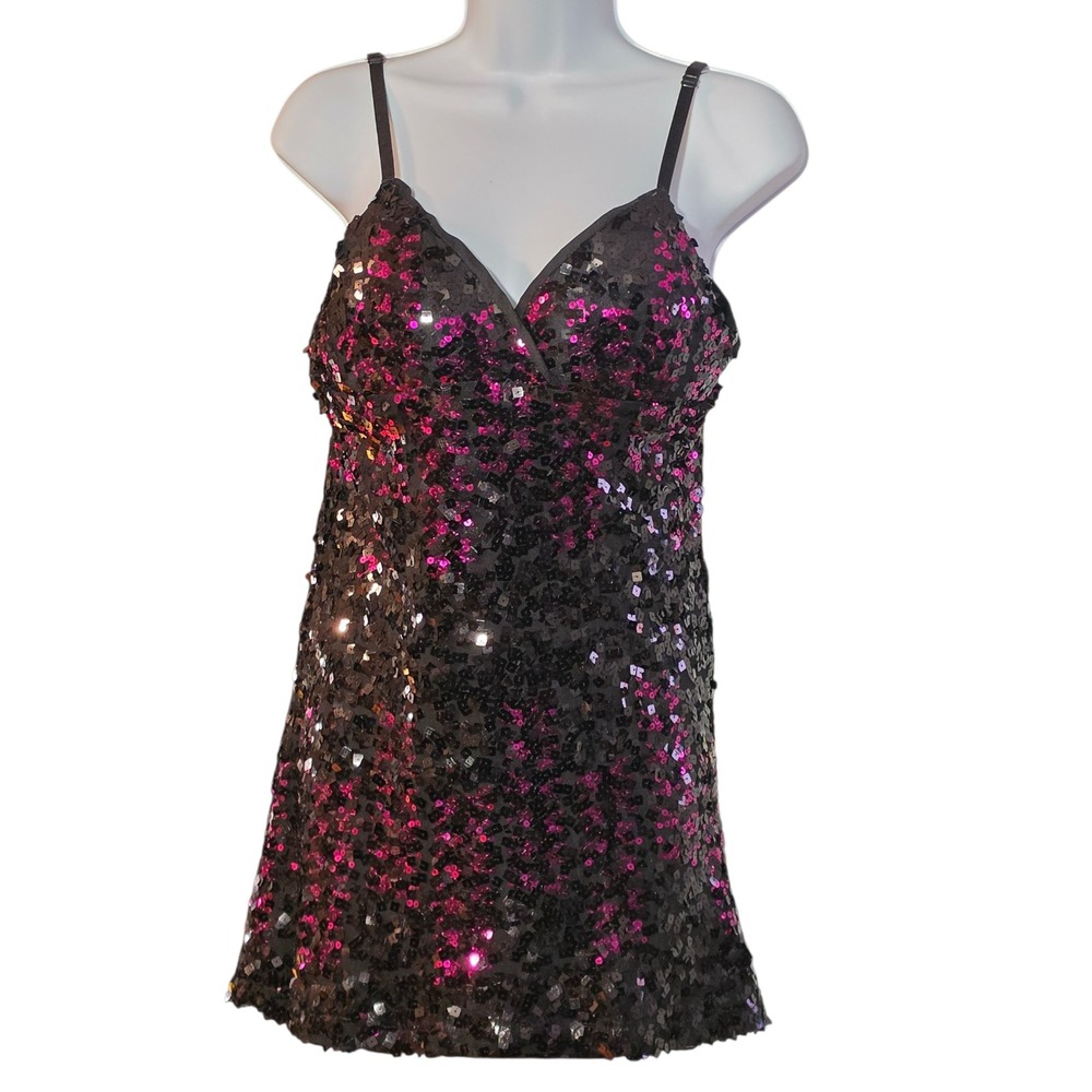 Y2K Wet Seal Womens Sequin Tank Top Black Pink V-Neck Adjustable Straps Size L - Picture 1 of 6